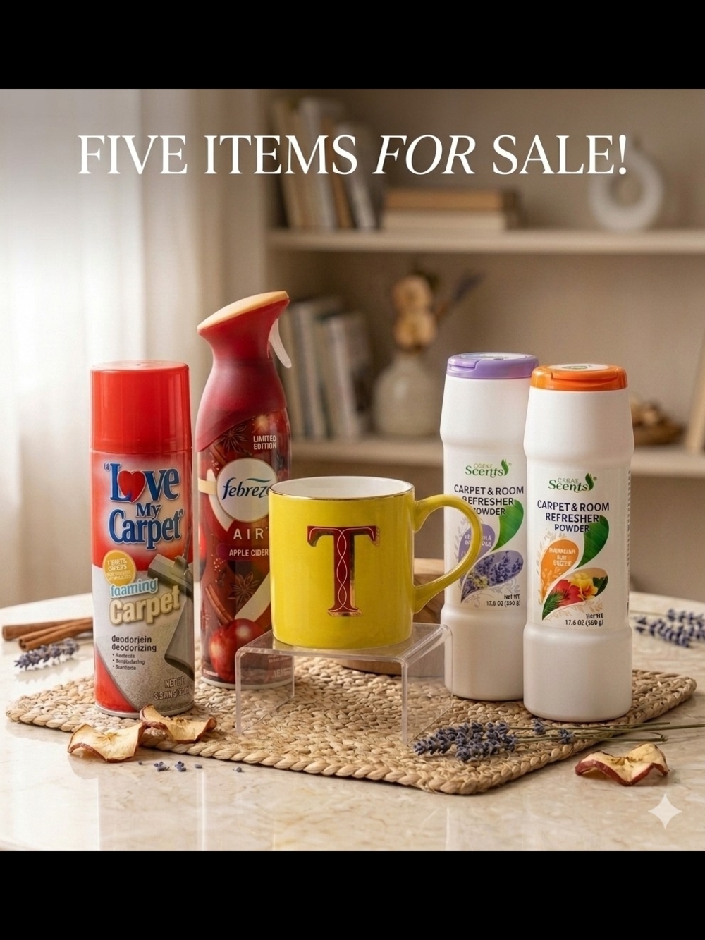 Carpet Fresheners, Air Freshener & Yellow Ceramic Mug with Red Letter T Monogram